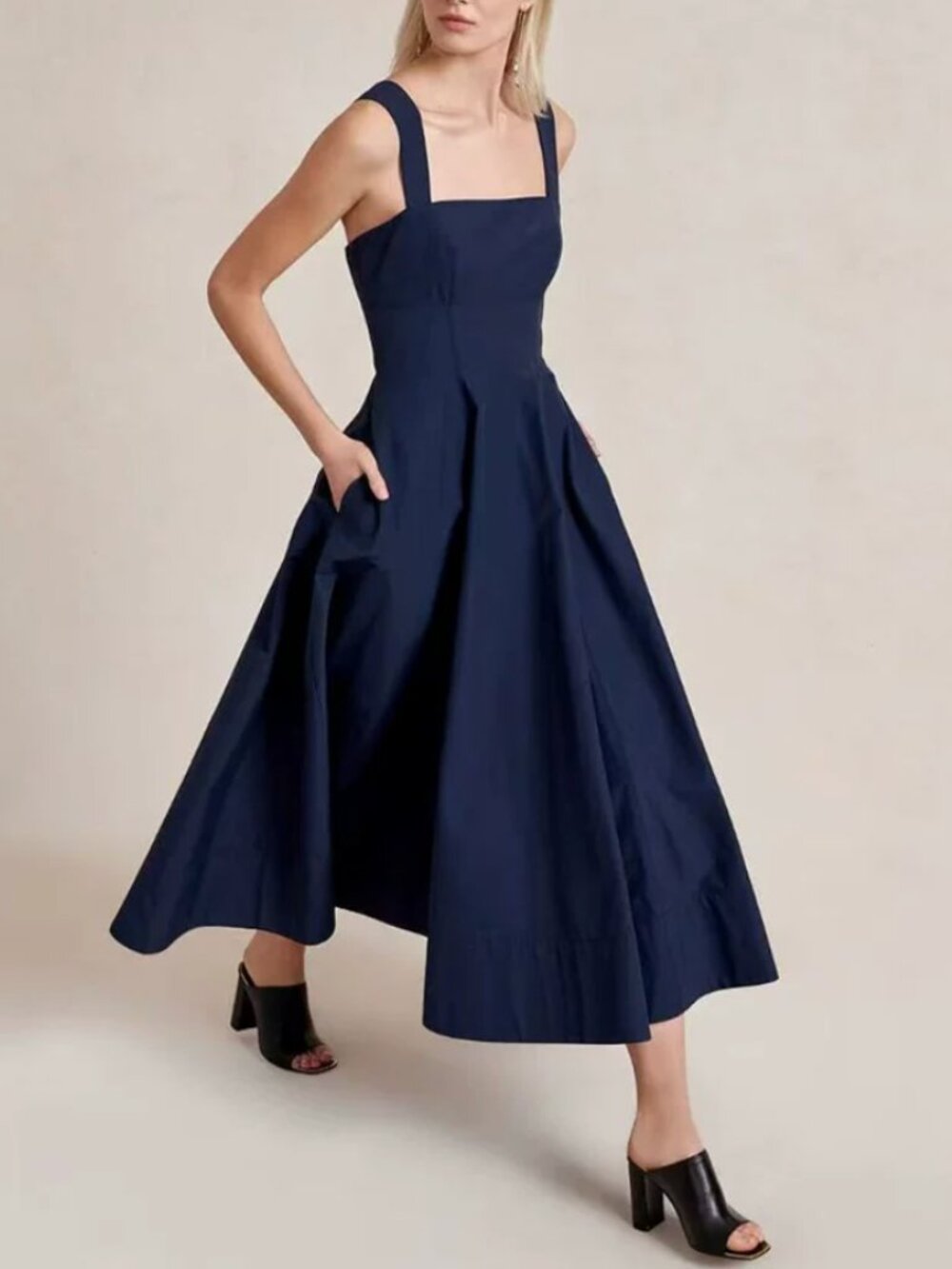 La Ligne Myrtle Midi Dress Midnight Navy Blue A Line French Classic - Picture 2 of 11